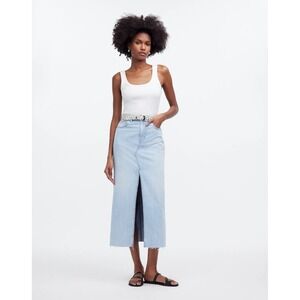 Madewell Rilee Denim Midi Skirt Light Wash Frayed Hem Slit Size 27 100% Cotton